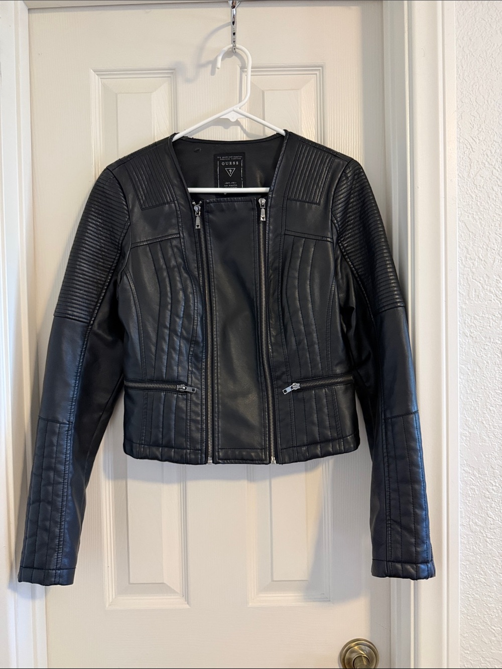 GUESS Black Quilted Faux Leather Biker Jacket
